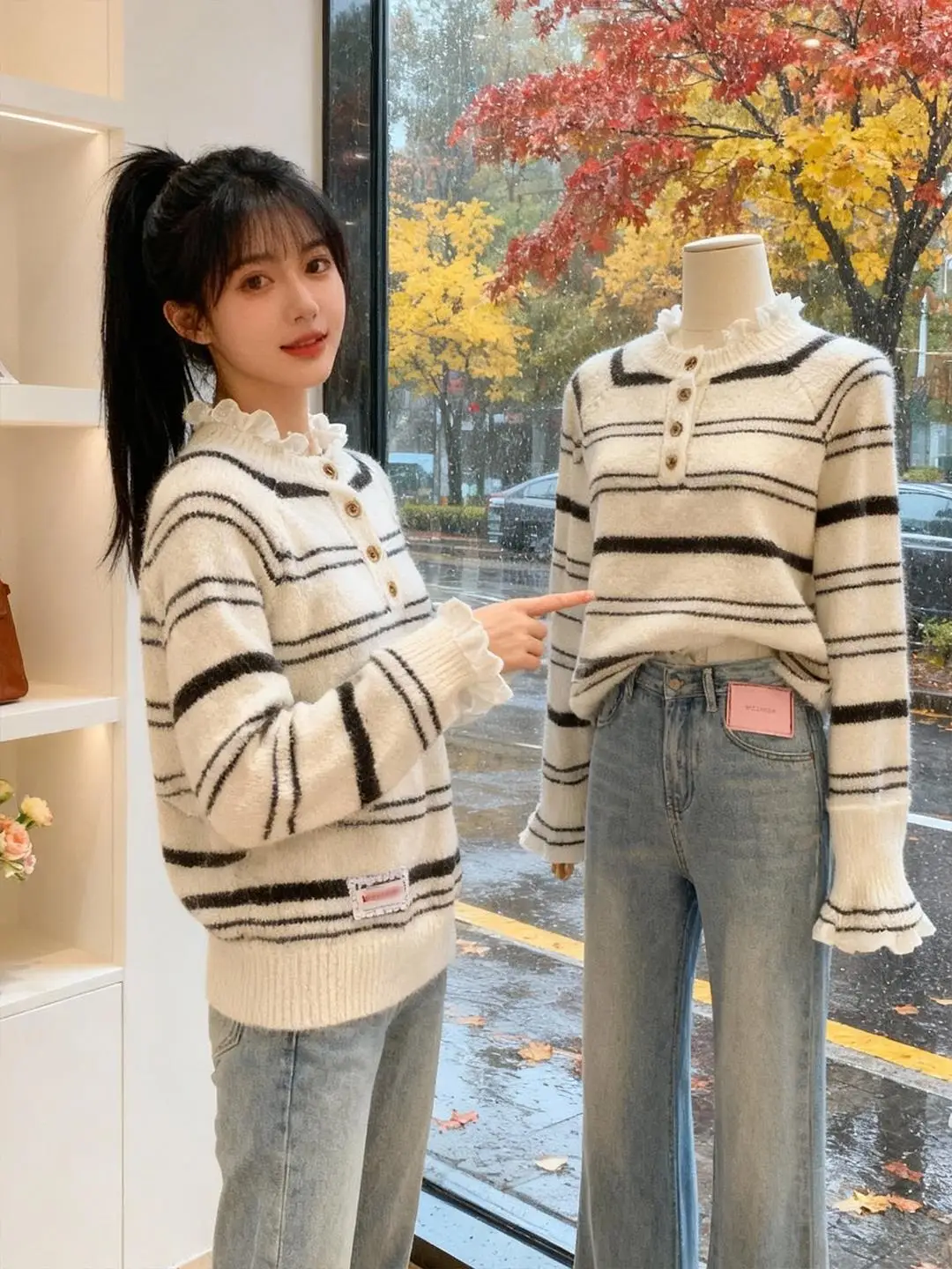 

Thiened Long Sve round Ne Knitted Sweater Women's Autumn Winter New Sle Warm Soft Floral Stripe Color Colion