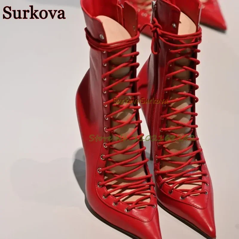 

Red Cross-Lace High-Heeled Ankle Boots Pointed Side Zipper Shiny Women'S Ankle Boots Fashionable Sexy Summer Women'S Shoes 43