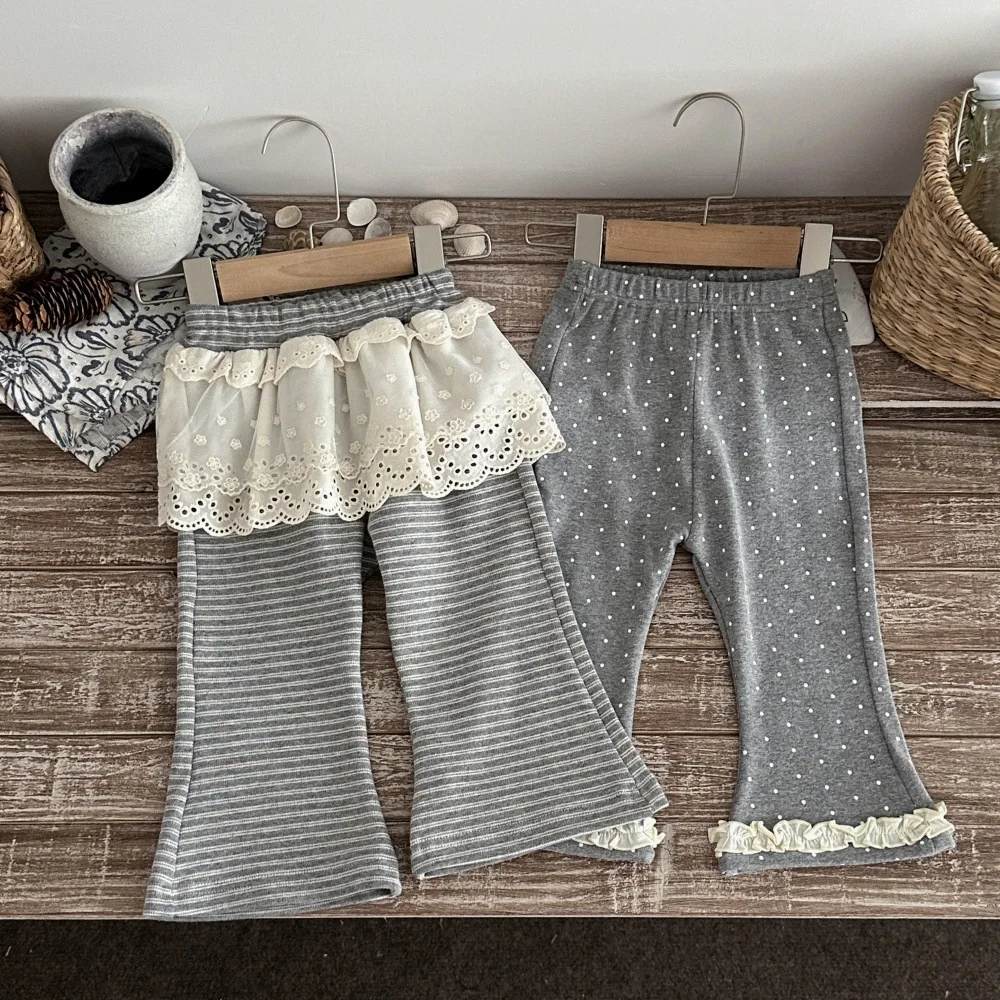 2026 Autumn New Baby Girl Lace Flared Pants Cotton Infant Polka Dot Casual Pants Girls Striped Trousers Toddler Clothes