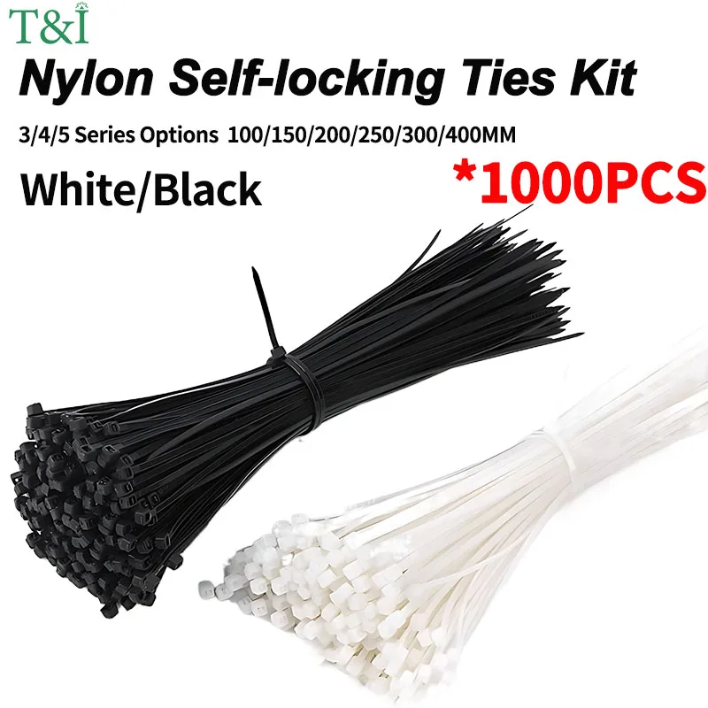 

1000pcs Self-Locking Nylon Cable Ties: White/Black, High Temperature Resistant, Lengthening Twine,Industrial Supply Fasteners