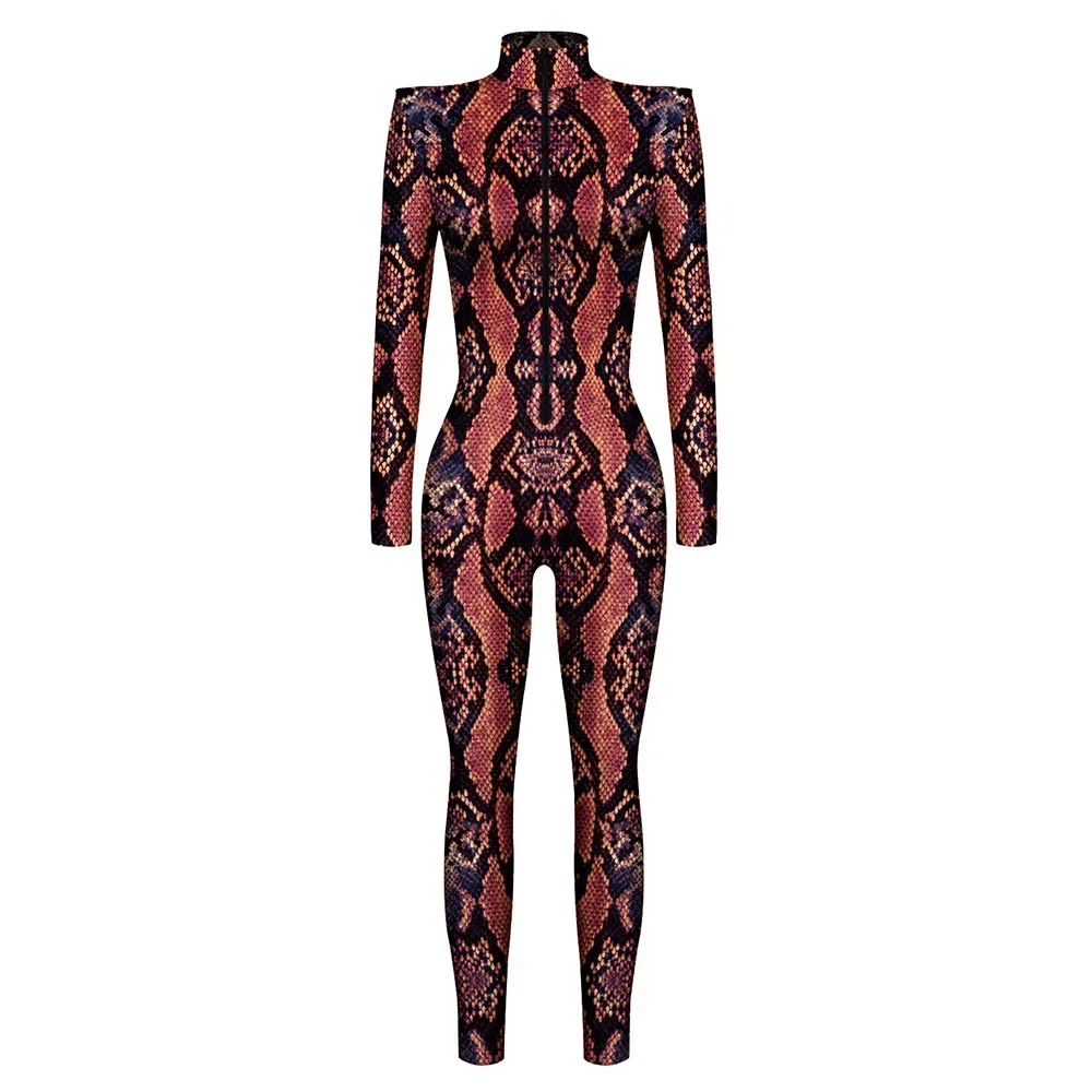 Halloween Costume Women 3D Snake Pattern Peafowl Jumpsuit Catsuit Fish Scale Sexy Women Cosplay Costume Zentai Bodysuits Adults