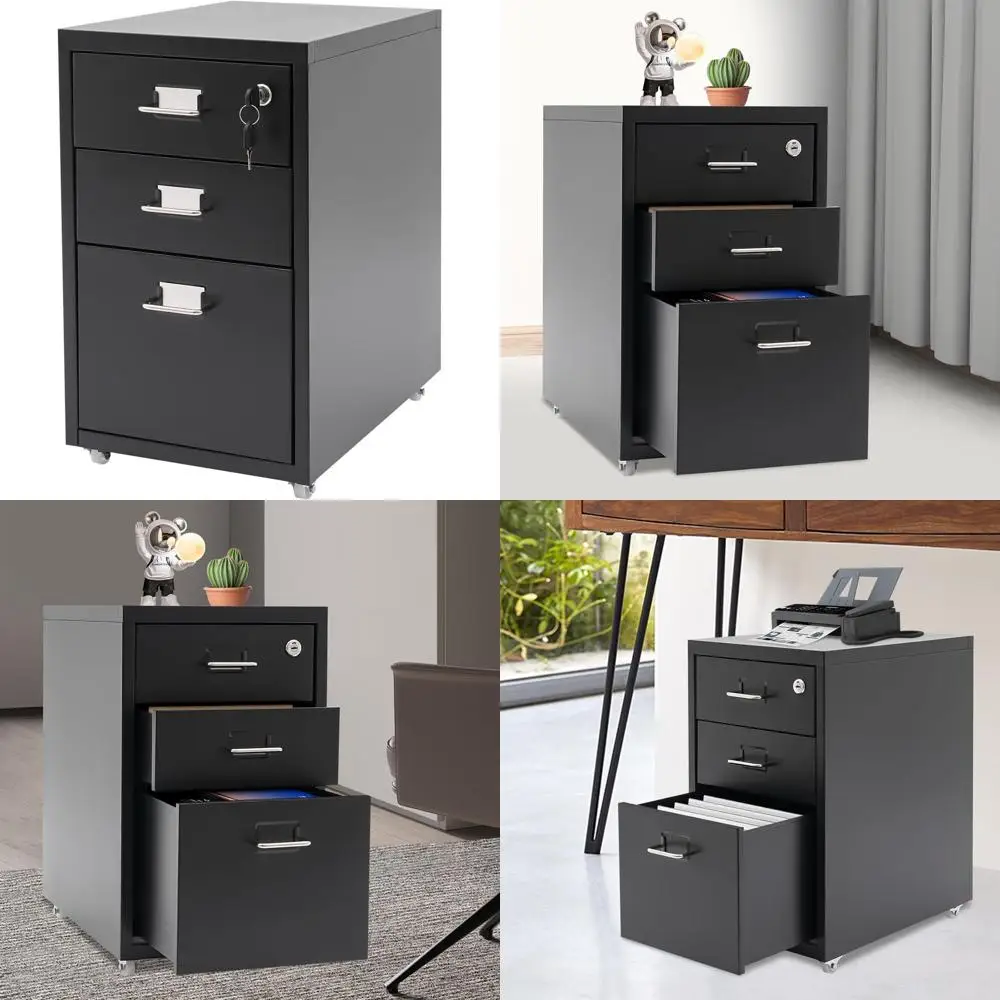 

Mobile Metal 3-Drawer File Cabinet with Lock and Casters, Compact Storage for Home/Office Use