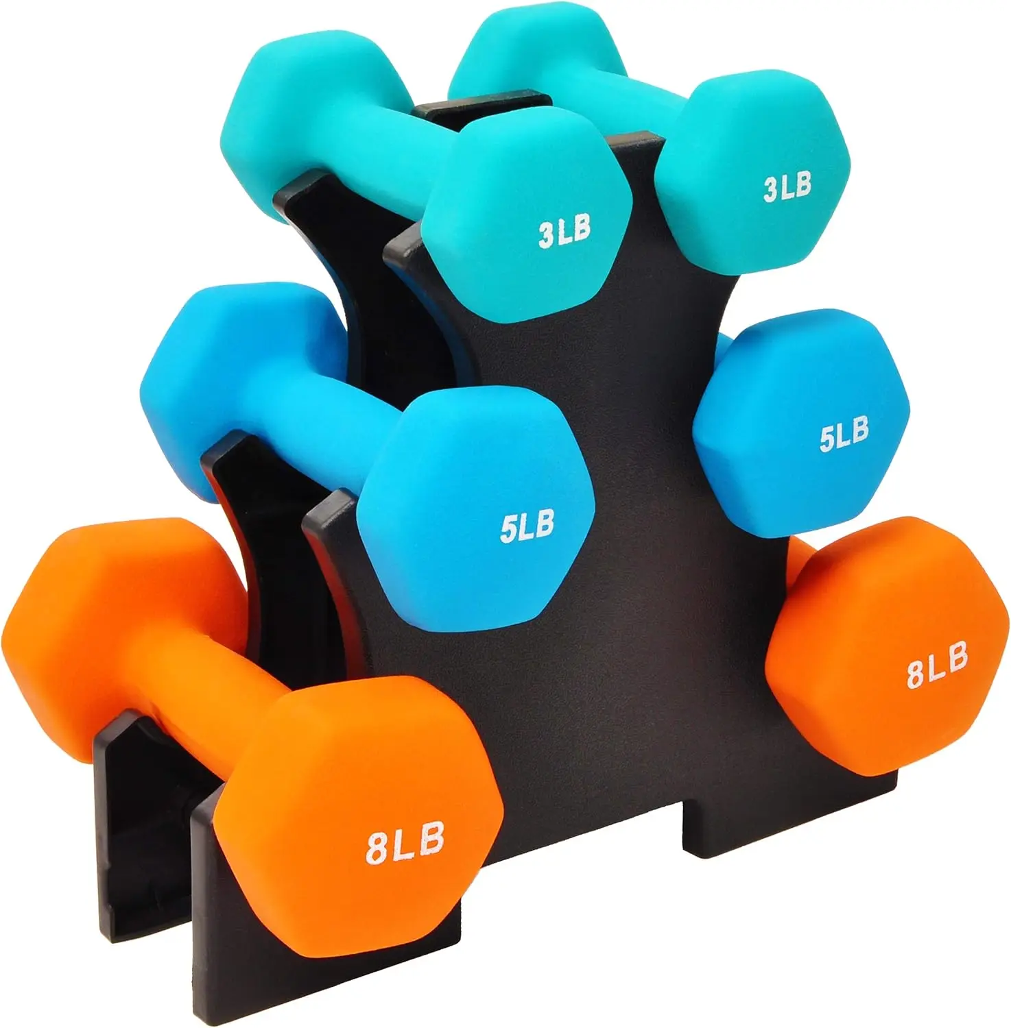 

Set of 6 Neoprene Dumbbell Hand Weights with Rack: 3/5/8 Pairs for Home Workouts