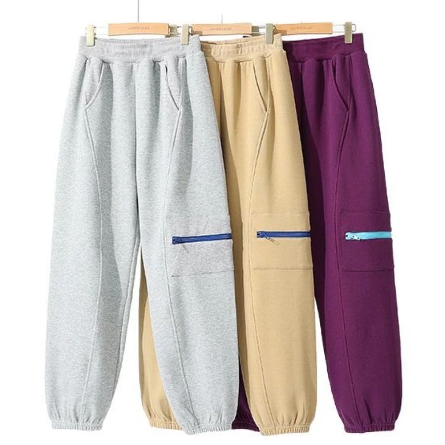 Kids Casual Jogger Pants Elastic Cuffs Side Zip Pocket Cotton Outdoor Sweatpants Trousers Boys Girls School Playtime Daily Wear
