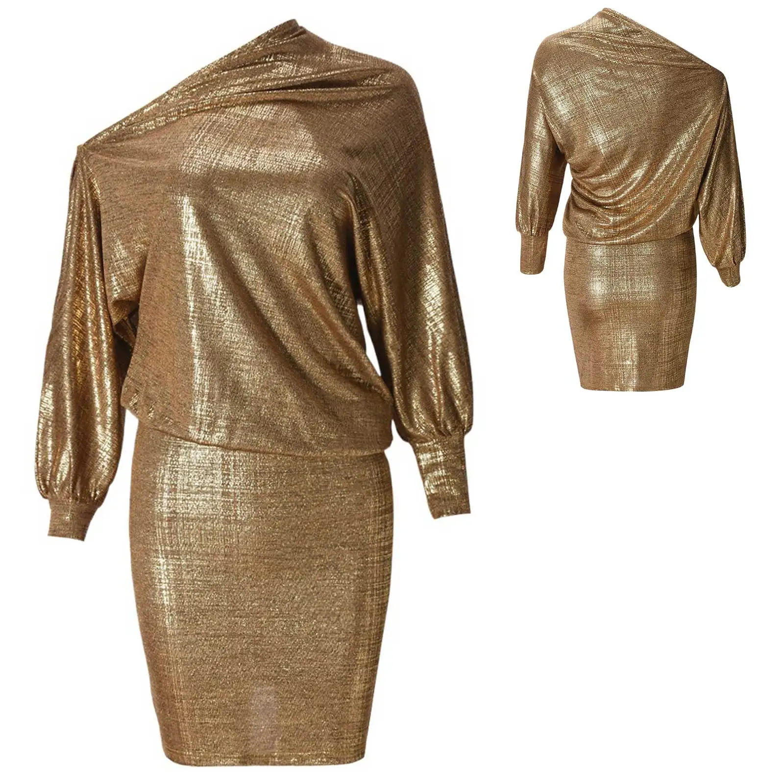 女性用光沢のあるメタリックプルオーバーボディコンドレス、宴会、結婚式、パーティー、レイブ、オフショルダー、長袖、ナチュラルドレープミニドレス