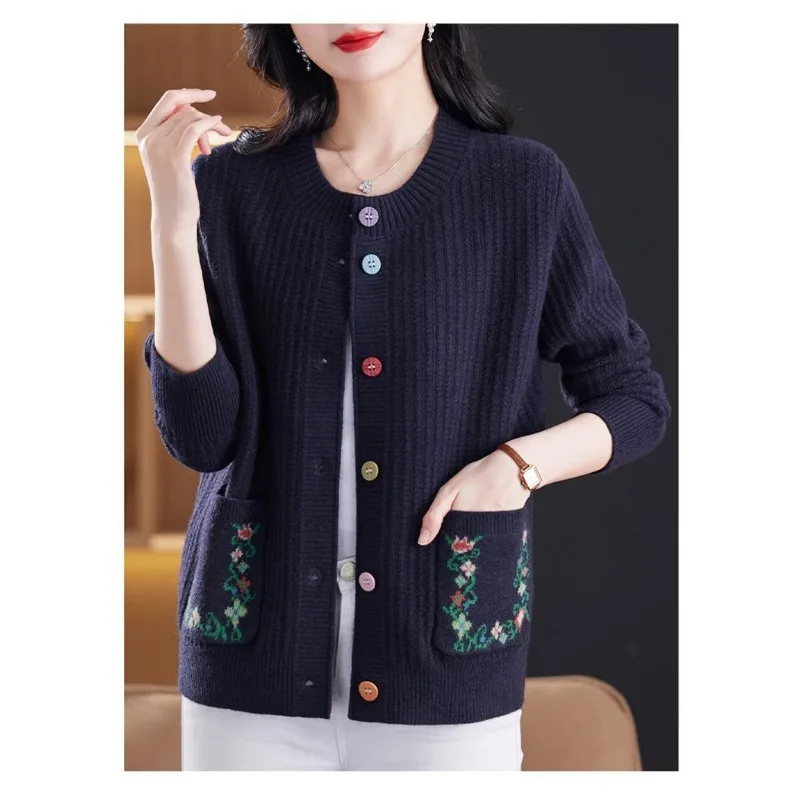 

Осенне-зимний модный жаккардовый свитер в корейском стиле с круглым вырезом, свободный вязаный кардиган, куртка с вышивкой, женский топ