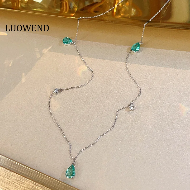 Collar LUOWEND 100% Oro Blanco de 18K, Estilo Romántico y Delicado, Collar con Diamantes Brillantes y Esmeralda Natural para Mujer, Joyería de Alta Calidad para Bodas