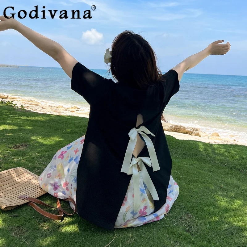 

Korean Large Size Women Summer Back Split Sweet Bow Cotton Loose T-shirt Sweet O-neck Short Sleeve Pink Leisure Age-reducing Top