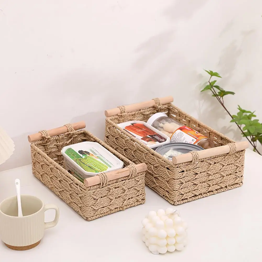 Storage Box Braided Vine Desktop Storage Basket with Handle for Home Office Organizer for Cosmetic Remote Control Sundries Box