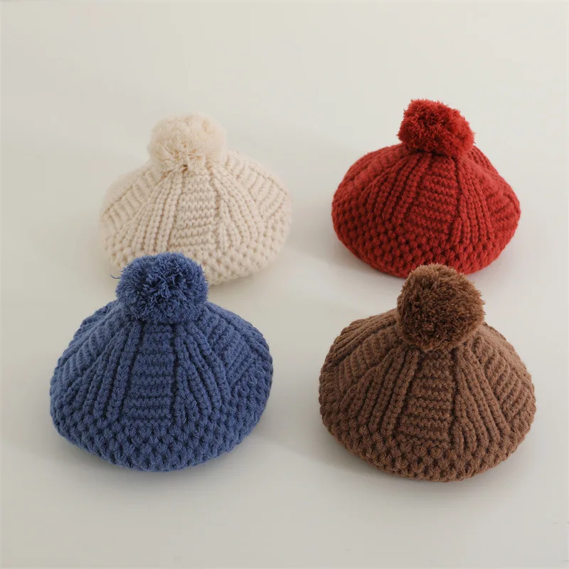 Winter WarmThick Baby Solid Fuax PomPoms Knit Beanies Bonnet Cap Fashion Windproof-Cold Gorros stripe Artist Painter Pumpkin Hat