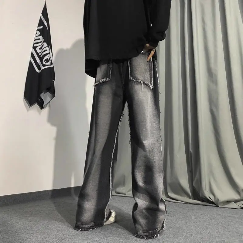 Mens Jeans Gradient Tie Dye Denim Pants Harajuku Unisex Loose Fit Wide Leg Raw Hem Cargo Streetwear Hip Hop Fashion Trend New