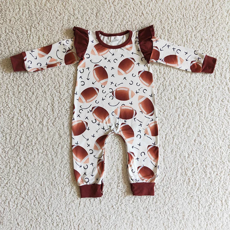 Newborn Football Print Bubble Romper Baby Girl Long Sleeve Button Down Ruffle Jumpsuit Kid Toddler One-piece Ball Game Clothes