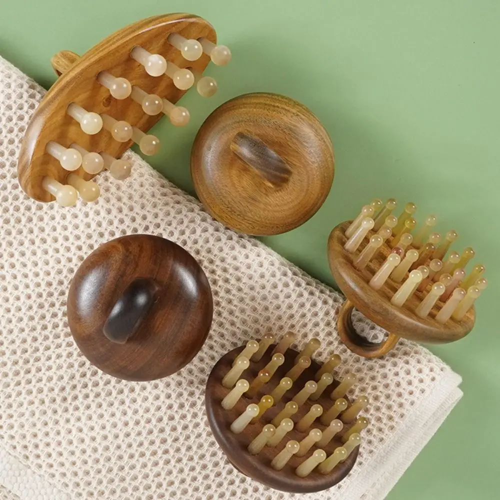 Sheep Horn Scalp Massager 20/29 Teeth Sandalwood Handle Meridian Massager Round head Wood Grain Gua Sha Massager Brush
