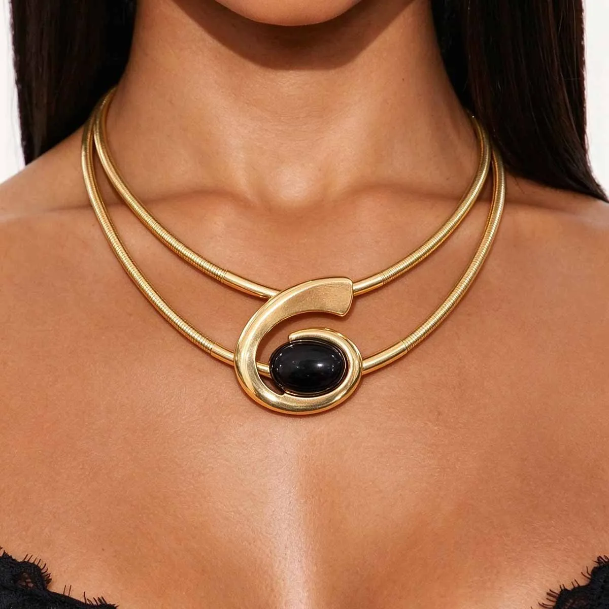 Statement Black Stone Swirl Choker Necklace Cuff Bracelet Ring Set Bold Gold Tone Chunky Jewelry for Women Evening Party Outfit
