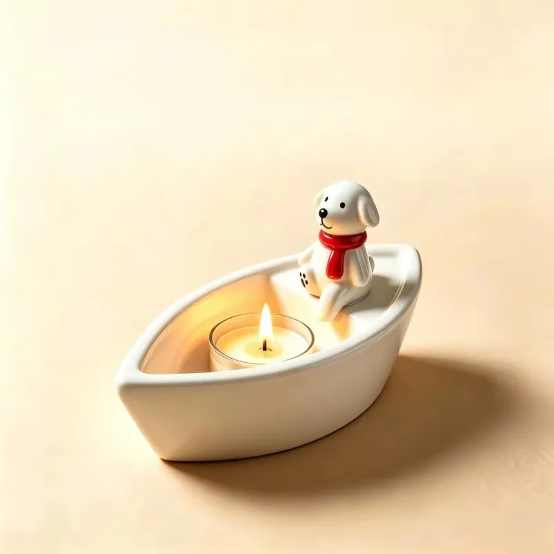 Nordic Cute Puppy Boat Ceramic Aroma Burner Figurine Tealight Wax Warmer Bedroom Atmosphere Home Decor Ashtray Ornament