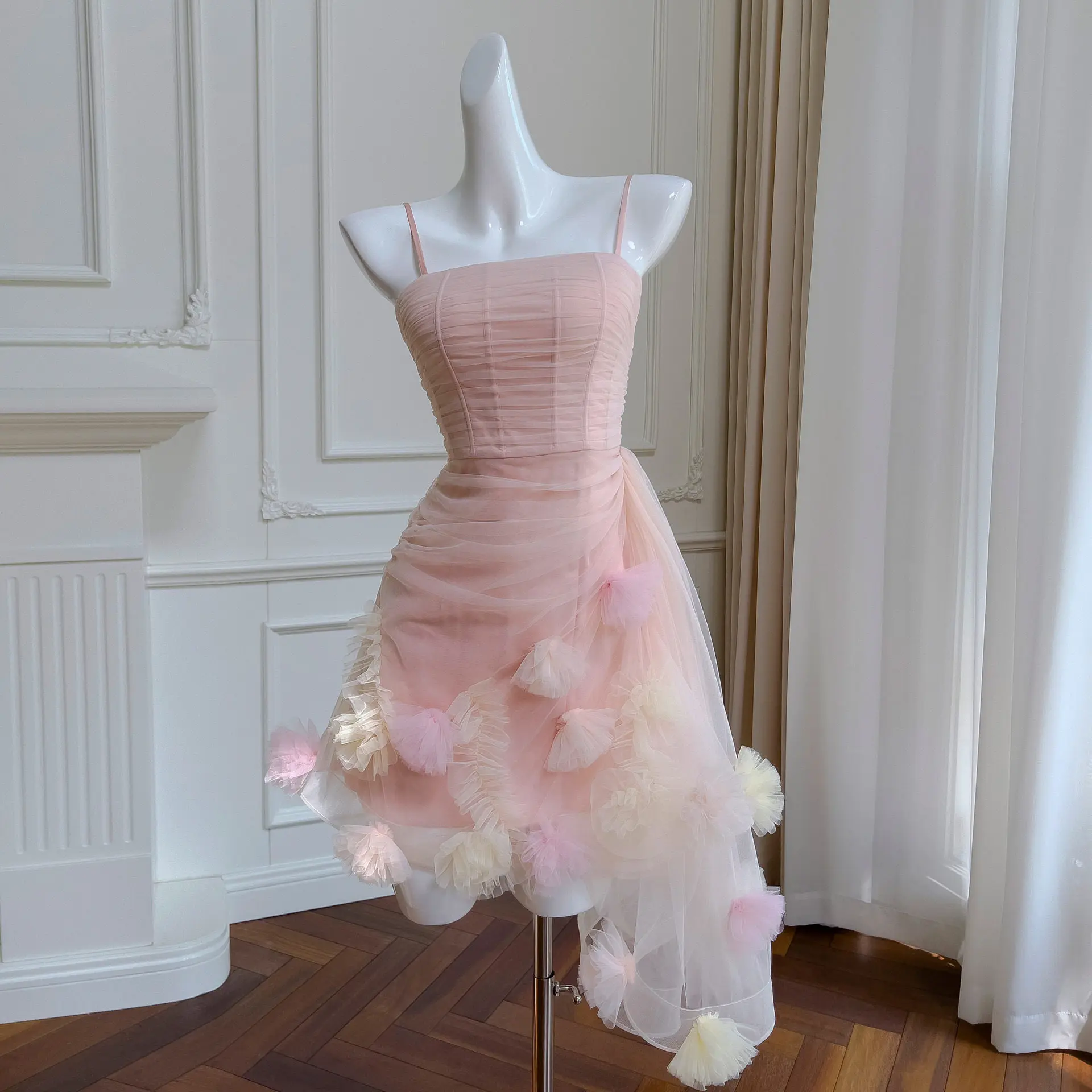 

Women's Elegant Fairy Tulle Prom Dress Pink Spaghetti Strap Ruched Bustier 3D Flower Irregular Hem Cocktail Evening Party Dress