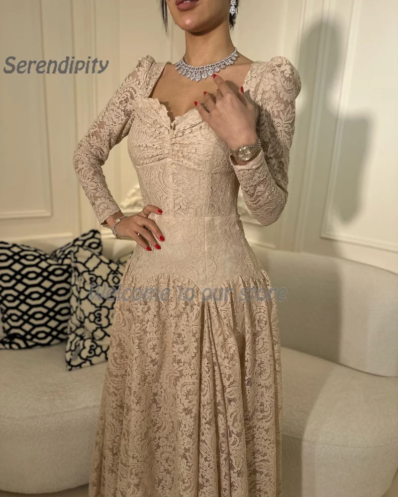 Serendipity Luxury Evening Dress فساتين سهرة Elegant Lace Square Collar Full Sleeve Cocktail Party Prom Gown For Sexy Women 2024