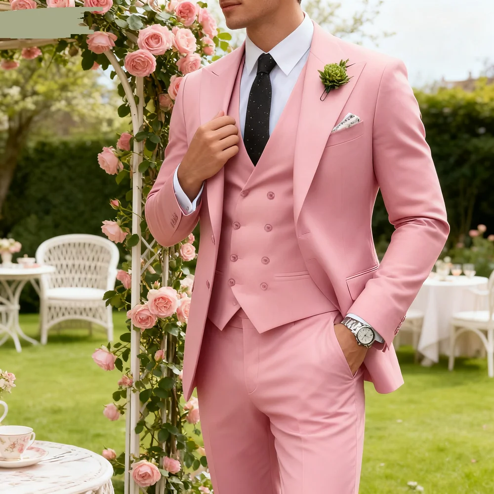 

Novo Beige Business Smoking 3-Piece Male Terno Unique Breasted Wedding Groomsmen Formal Suit Jacket Vest Pants Set