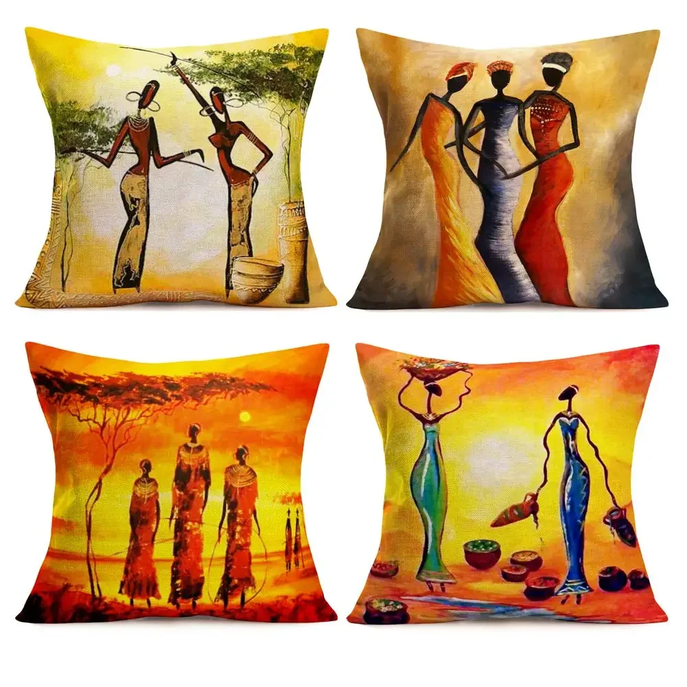 

African Tribal Women Oil Painting Linen Pillowcase 60*60 Sofa Cushion Cover 40*40 Home Decoration Customizable Car Pillowcase