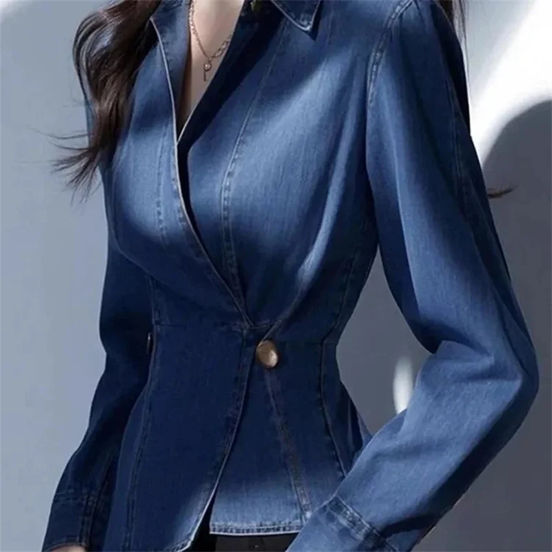 Advanced Fashion Women Denim Shirts Spring Autumn French Style Chic Jeans Jacket Korean Slim Long Sleeve Blue Denim Coat