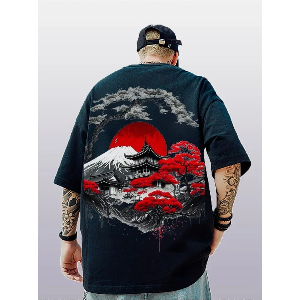 Oversized Fashionable Men's T-shirt with Japanese Plum Blossom Pattern 3D Printing Loose Street Trend T-shirt for Men's Clothing