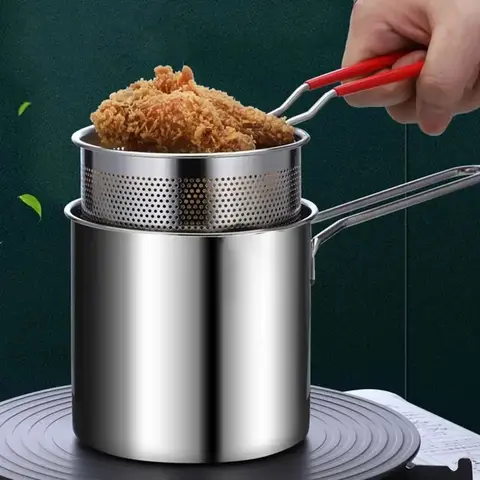 Stainless Steel Deep Fryer with Strainer Basket - Multi-Purpose Tempura & Chicken Frying Pan for Home/Commercial Use