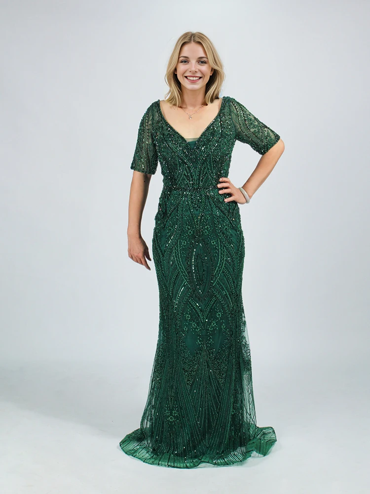 Women\'s Elegant Evening Dresses Luxury Beading V-neck half Sleeves Mermaid Plus Size Fit Flare Evening Gowns Prom Wedding Party