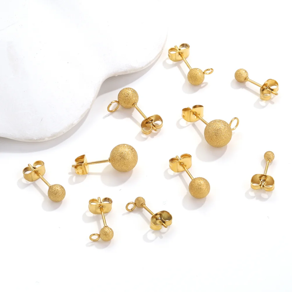 20pcs Frosted PVD Plated Gold Mute Ball Post Earring Studs Ear Pin with Loop with Butterfly Earring Back for DIY Jewelry Making