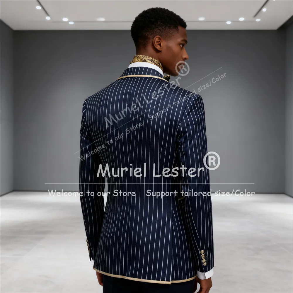 ネイビーストライプメンズスーツピークドラペルダブルブレスト2ピースジャケット+パンツスリムスマートカジュアルフォーマルパーティー新郎タキシード衣装