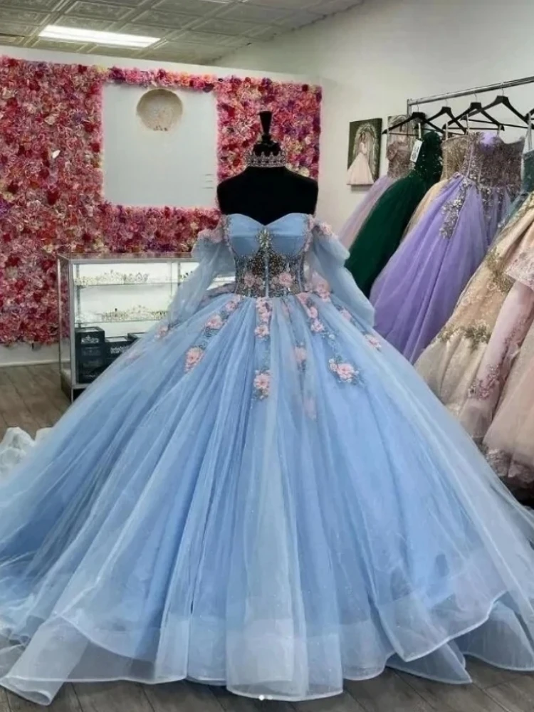 Real Picture Sky Blue Princess Prom Dresses Long Sleeve Flower Beaded Ball Gown Vestido De 15 Anos Prom Party Dress Pageant Wear