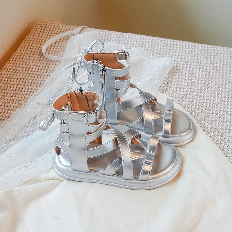 Zapatos informales para niños, sandalias de cuero PU con lazo y encaje, zapatos de verano con punta abierta para niñas, antideslizantes, color plateado, talla 26-37