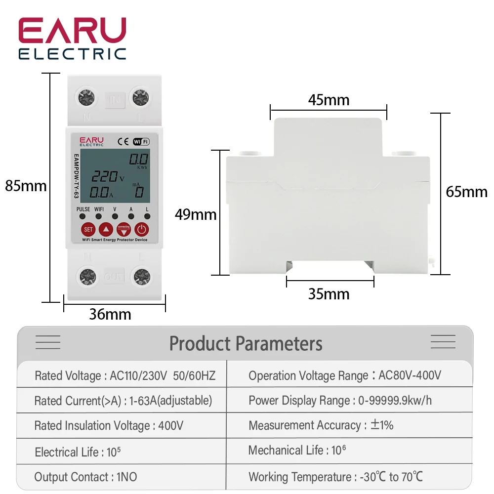 Imagem -02 - Terra Vazamento sobre sob Tensão Protector Dispositivo de Relé Switch Breaker Energia Power Kwh Medidor Circuito Inteligente Wi-fi 2p 63a Tuya App