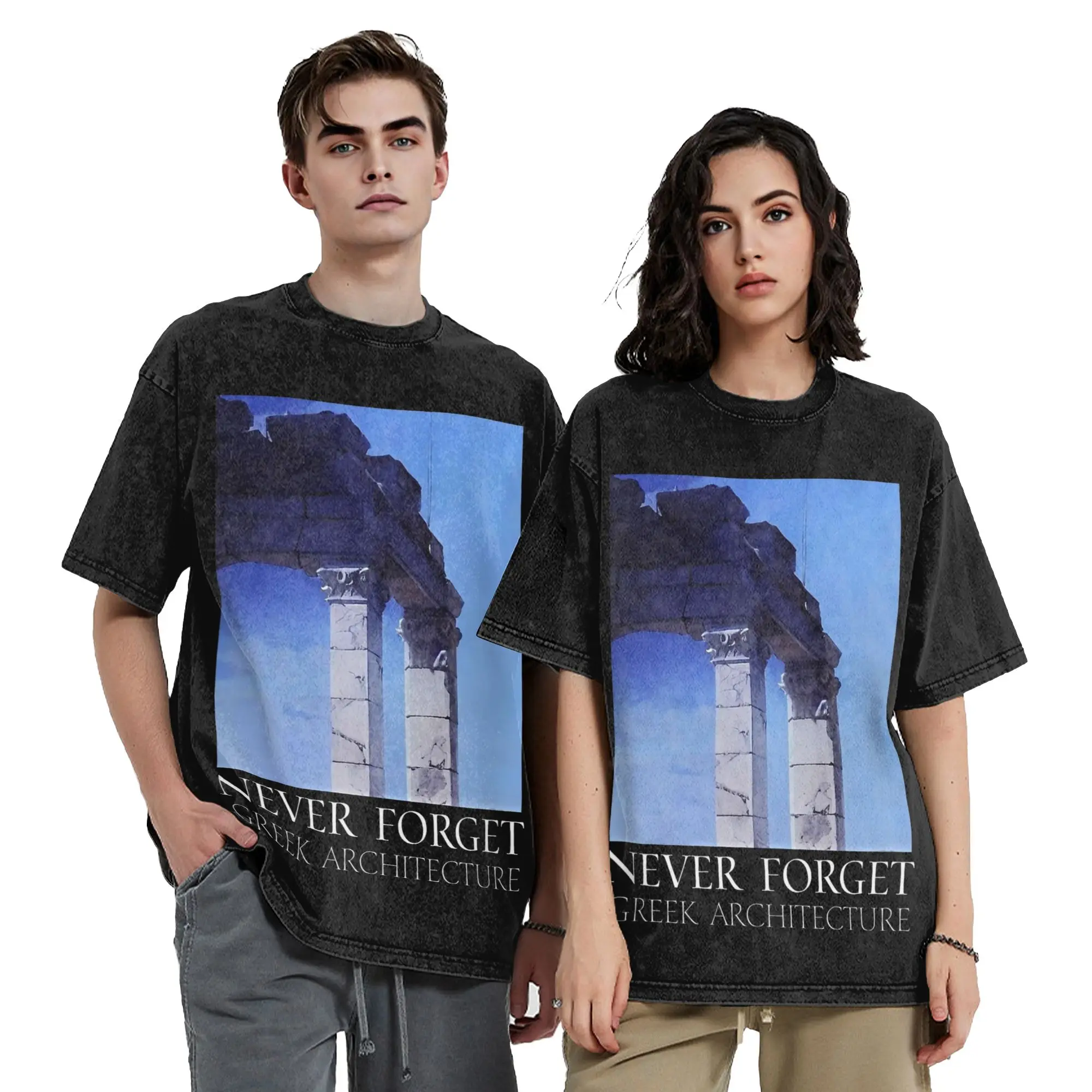 Never Forget Greek Architecture T Shirt Hip Hop Washed Harajuku T-Shirts  Novelty Men Women Tops Streetwear Summer Tees