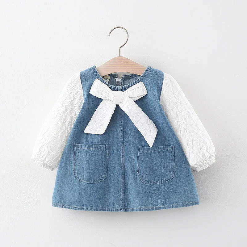 New In Spring Autumn Toddler Girl Clothes Korean Cute Bow Long Sleeve Denim Princess Newborn Baby Dresses Kids Dress BC2410-1