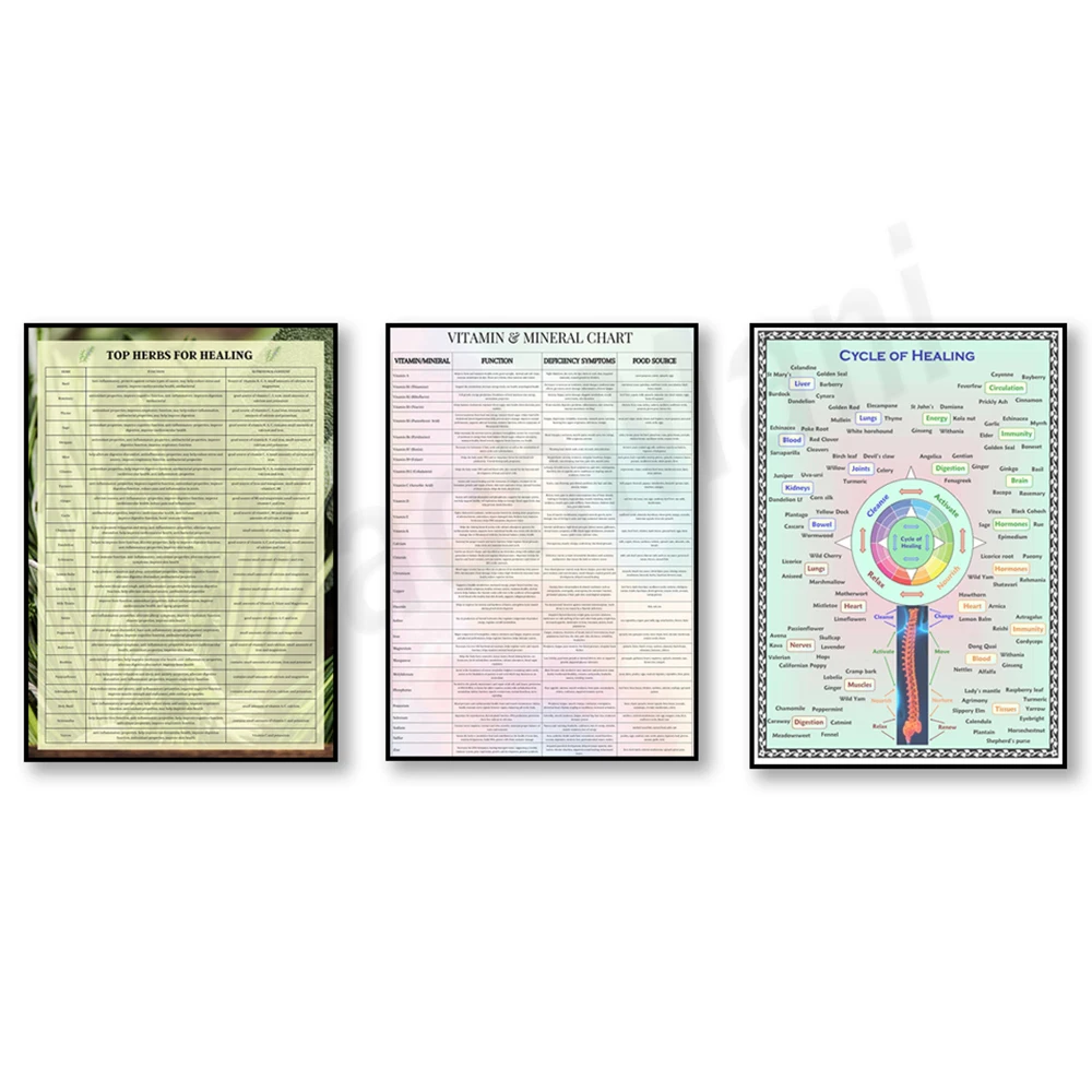 Vitamins and minerals chart, 25 best healing herbs poster, healing cycle poster, health chart, natural remedies, herbal wall art
