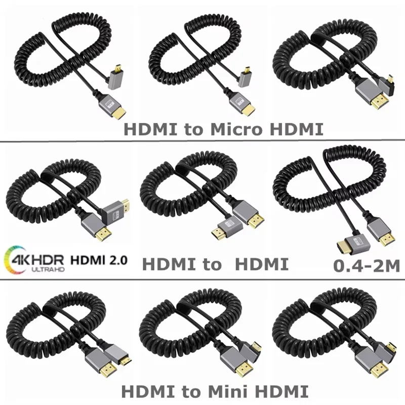 4K 60hz Micro Mini HDMI 2.0  to HDMI Male UP Down Left Right Stretch Coiled Cable 90 Degree for HDTV Monitor Computer Laptop