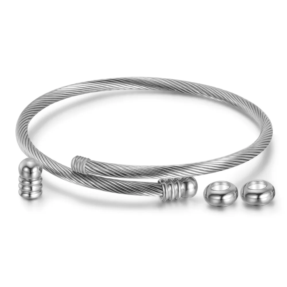 Diameter 2.36in Titanium Steel Rope Bracelet Silver Gold Rose Gold Unisex Threaded Bracelet Removable with 2 Beads