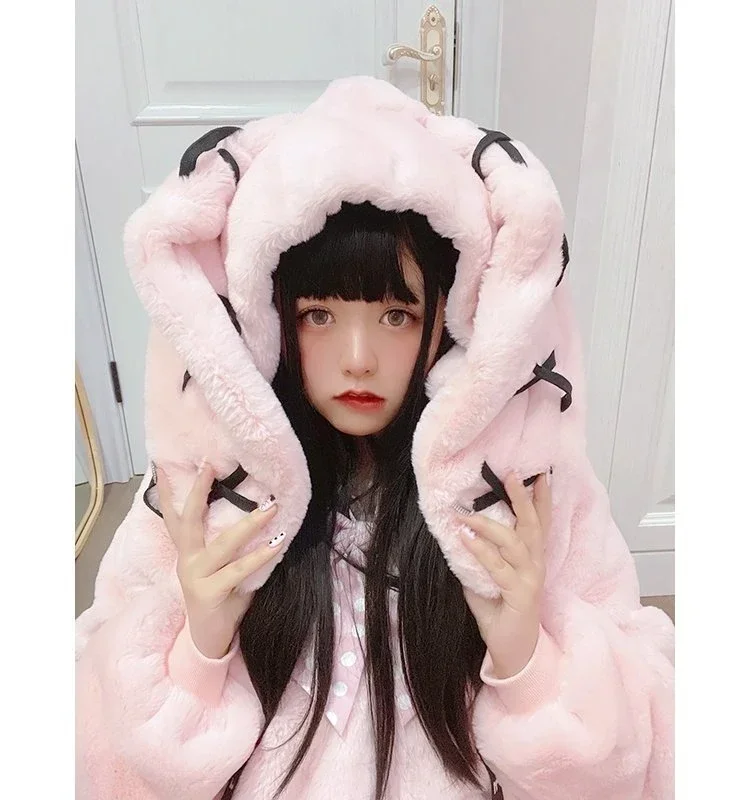 Japanese Girl Sweet Cute Plush Jacket Women Autumn Winter Loose Mid-length Rabbit Ear Quilted Coats Zip Cardigan Jacket Mujer