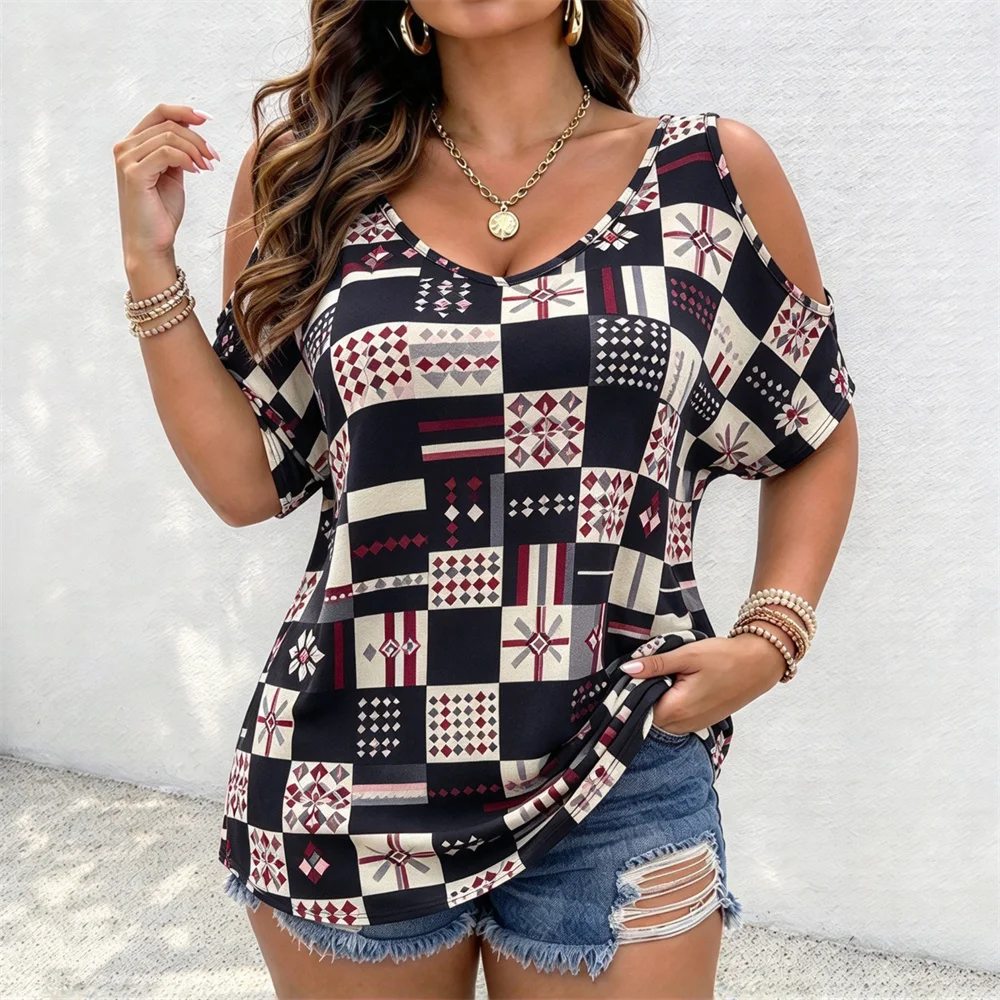 Summer Women's Off Shoulder T-shirt Cotton Casual Grid T-shirt Comfortable Women T-Shirts Women's Clothing Off Shoulder T-shirts