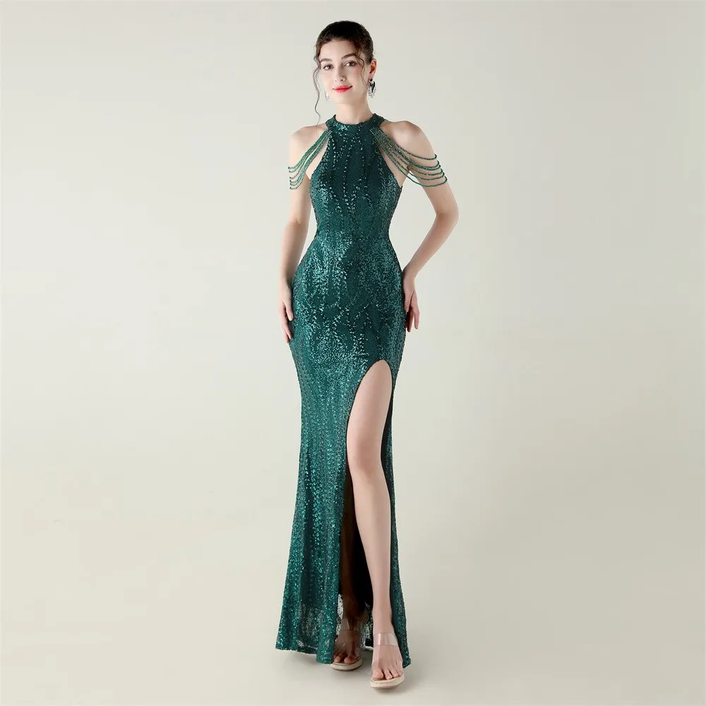Prom Dress Women Party Long Beaded Sequin Evening Dress Halter Neck Open Back Formal Dress Mermaid Silhouette Maxi Length