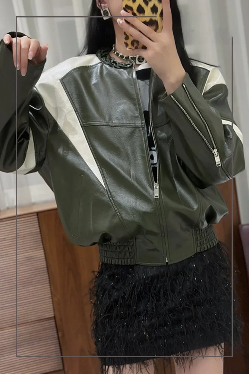 

Early Autumn Color Block Leather Jacket Loose Fit Fashionable Knitted Collar PU Leather Short Coat for Young Women