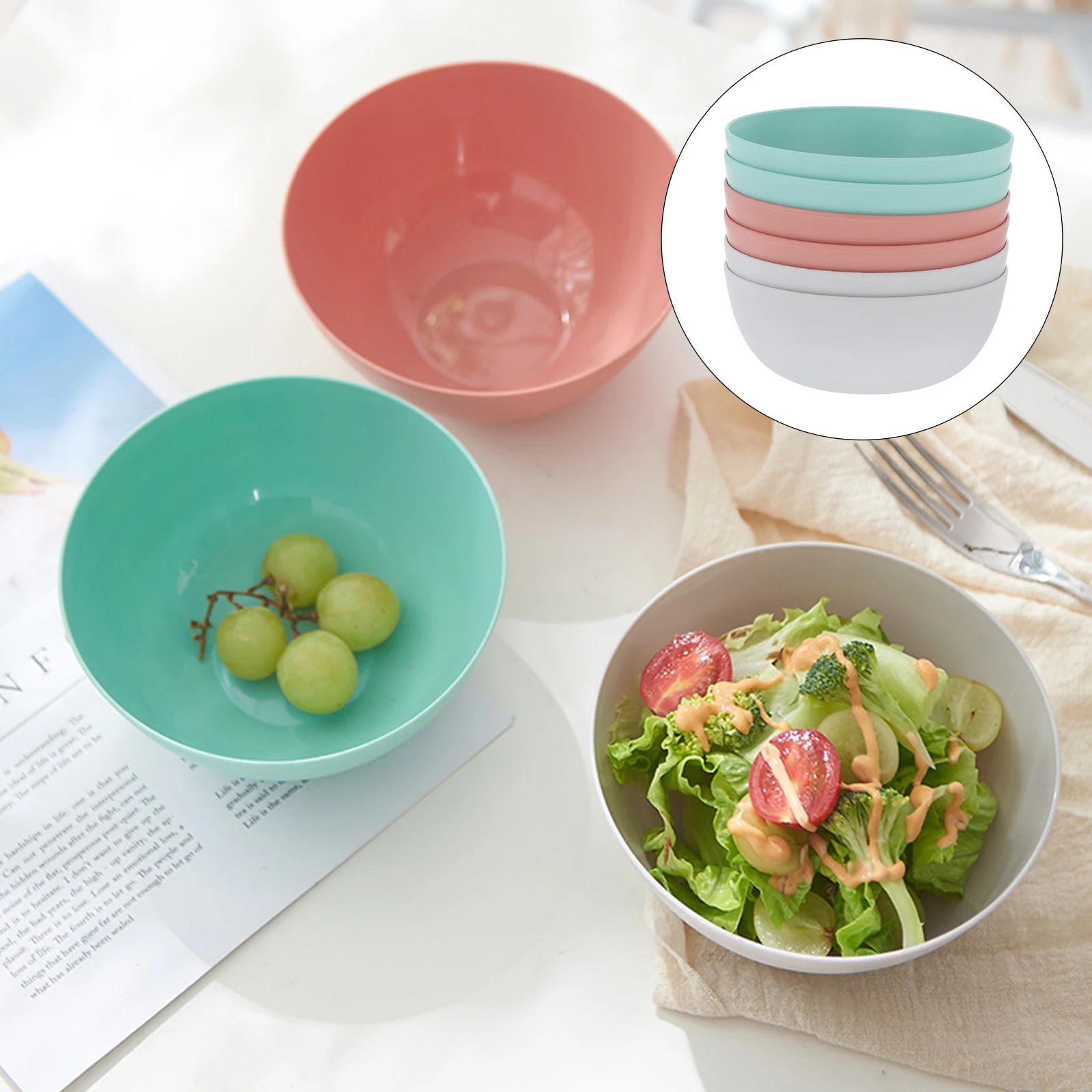

6pcs Plastic Bowl Set Khaki Salad Containers Food Grade Safe Easy Clean Smooth Edge Kitchen