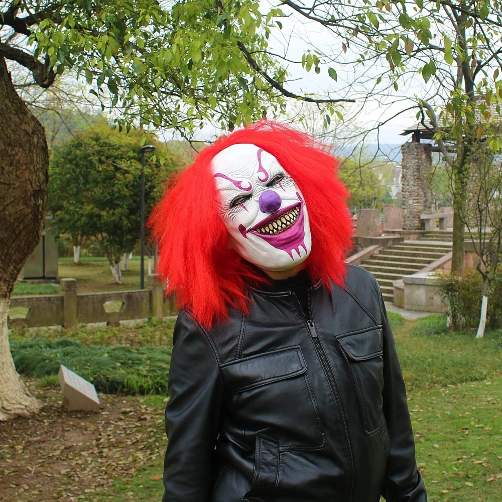 

Evil Grinning Clown Mask Purple Nose Red Wig Latex Mask Halloween Carnival Haunted House Bar Prank Cosplay Costume Accessory
