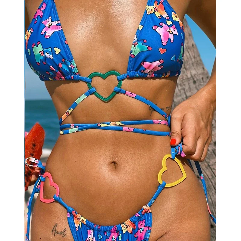 New Blue Printed Bear Bikini Love Strap Split Swimwear Swiming Suit Ladies Bikini Mini Micro Hot Kawaii Swimsuit