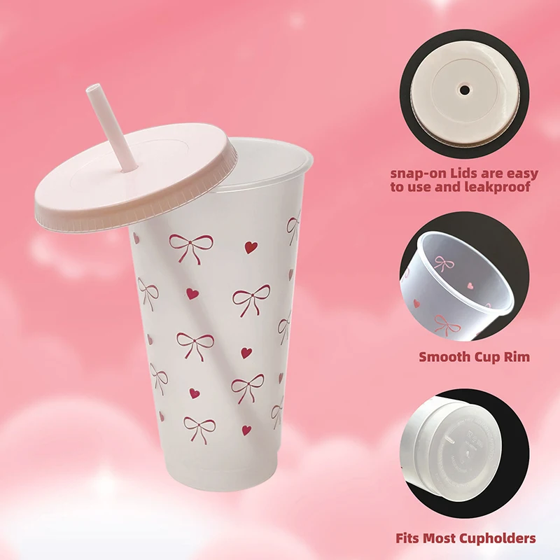1Pc a Cute Bowknot Water Bottle Aesthetic Tumbler For Ice Coffee Juice Te Plastic Cups With Straw Lid Portable Drinking Bottle view 3