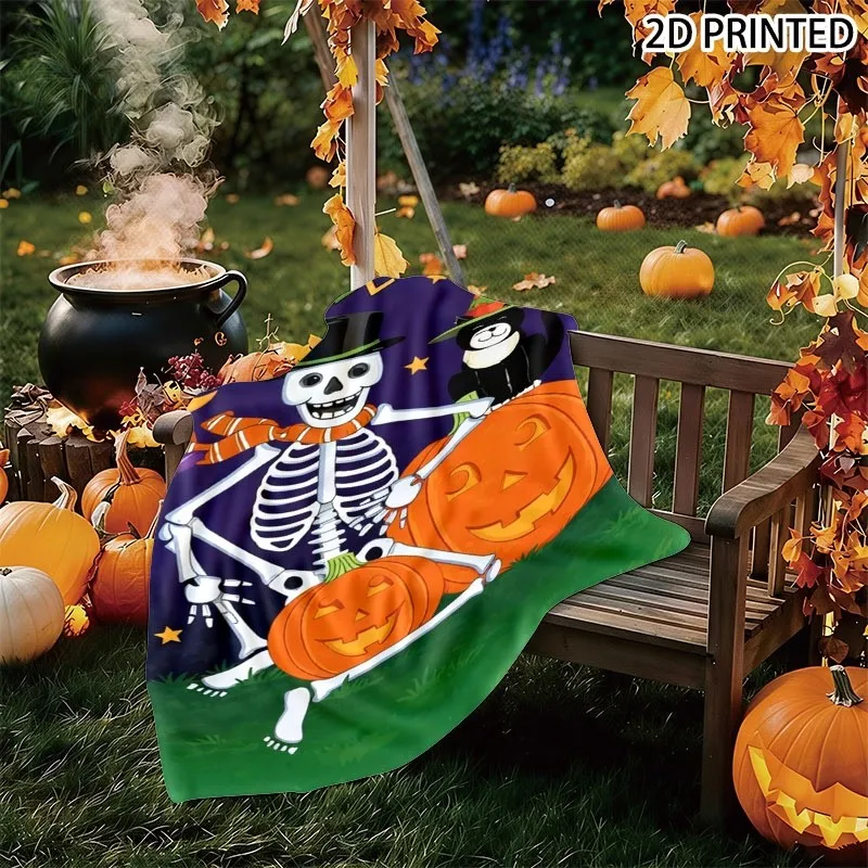 Halloween Print Throw Blanket, Cute Skeleton, Jack-O'-Lantern, Witch Hat Cat & Spooky Night Pattern, Multiple Specifications Ava