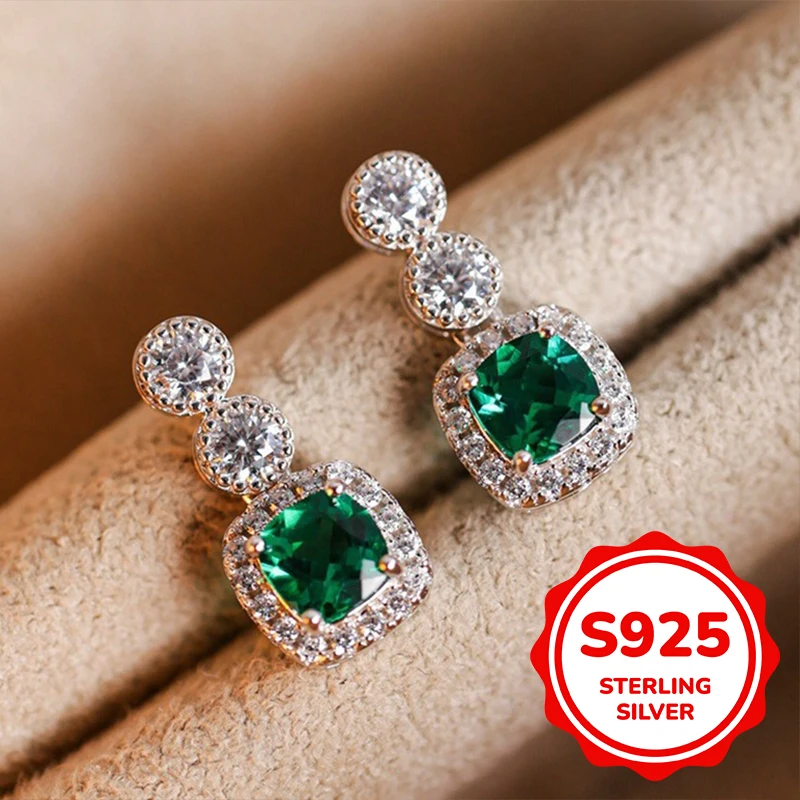 

S925 sterling silver emerald zircon stud earrings for women with high-end temperament light luxury retro classic fashion elegant