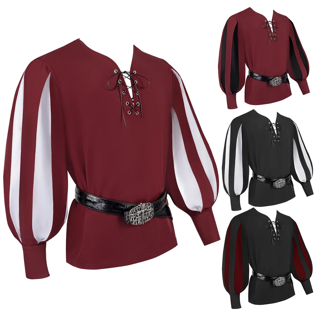 Retro Medieval Play Performance Shirt Color Block Tie Neck Cosplay Top Women's Ethnic Costume Stage Outfit Summer 2023