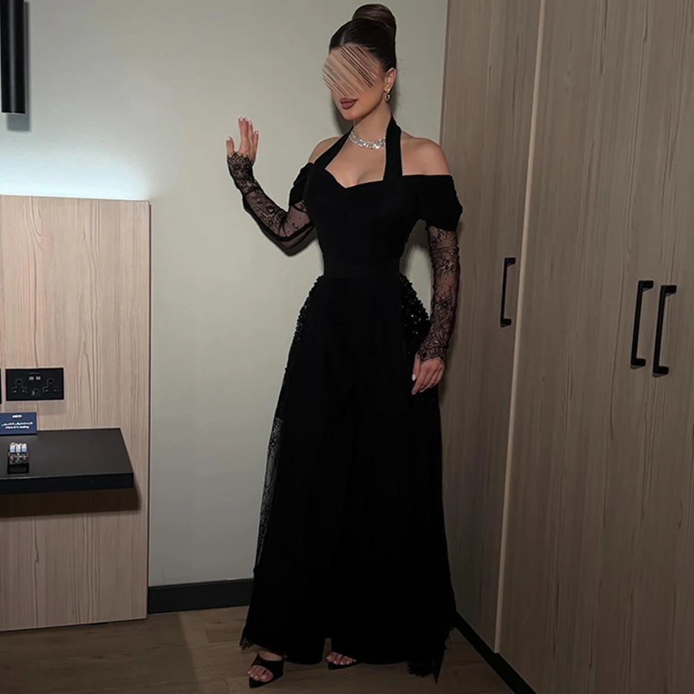 

Graceful Black Jersey Evening Dress Classic Lace Long Sleeves Prom Dresses Exquisite Halter Customized Special Occasion Gowns