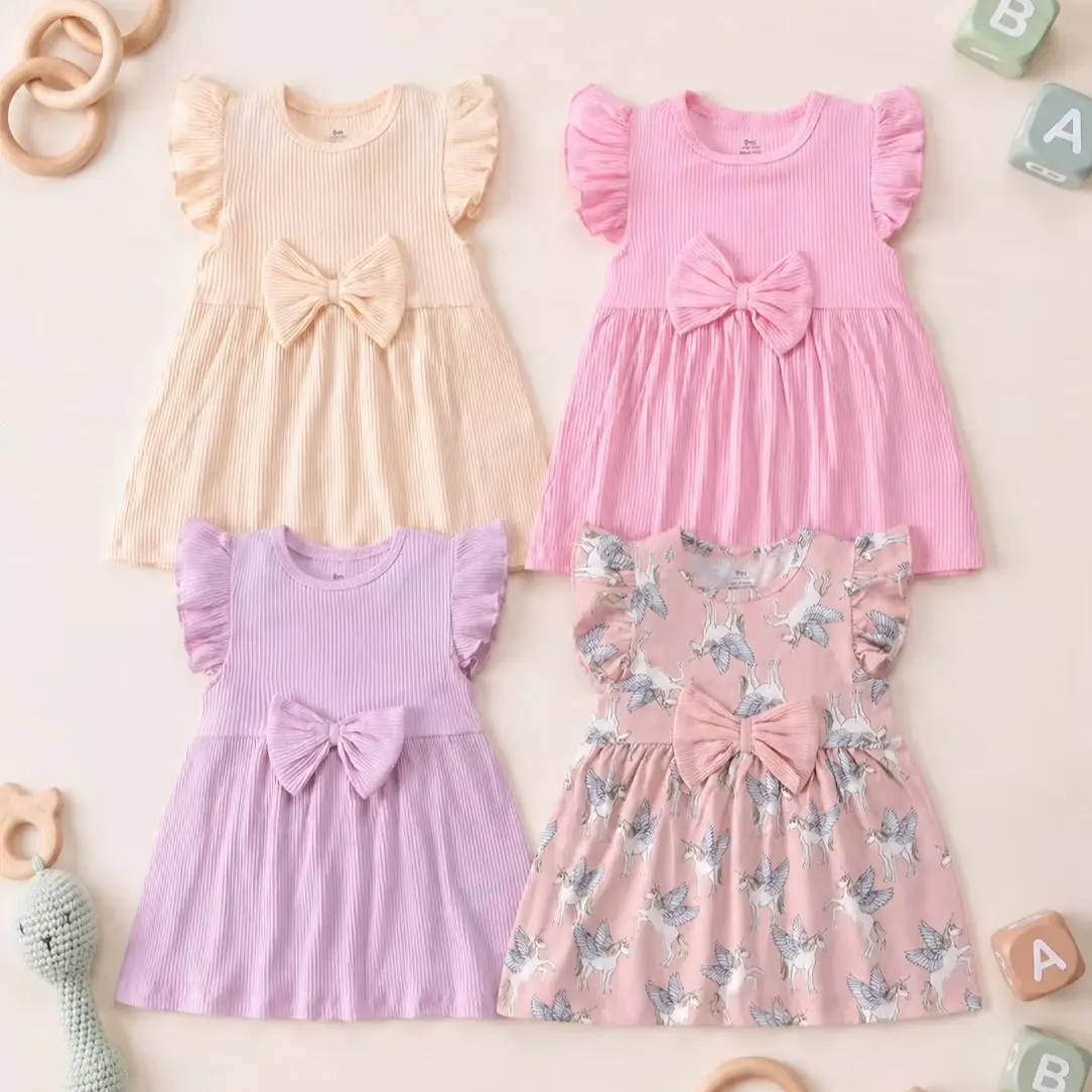Baby Girl Summer Cotton Knitted Dress Unicorn Print Solid Color Princess Dress Bowknot Ruffle Sleeve Infant Party Clothes 0-3Y